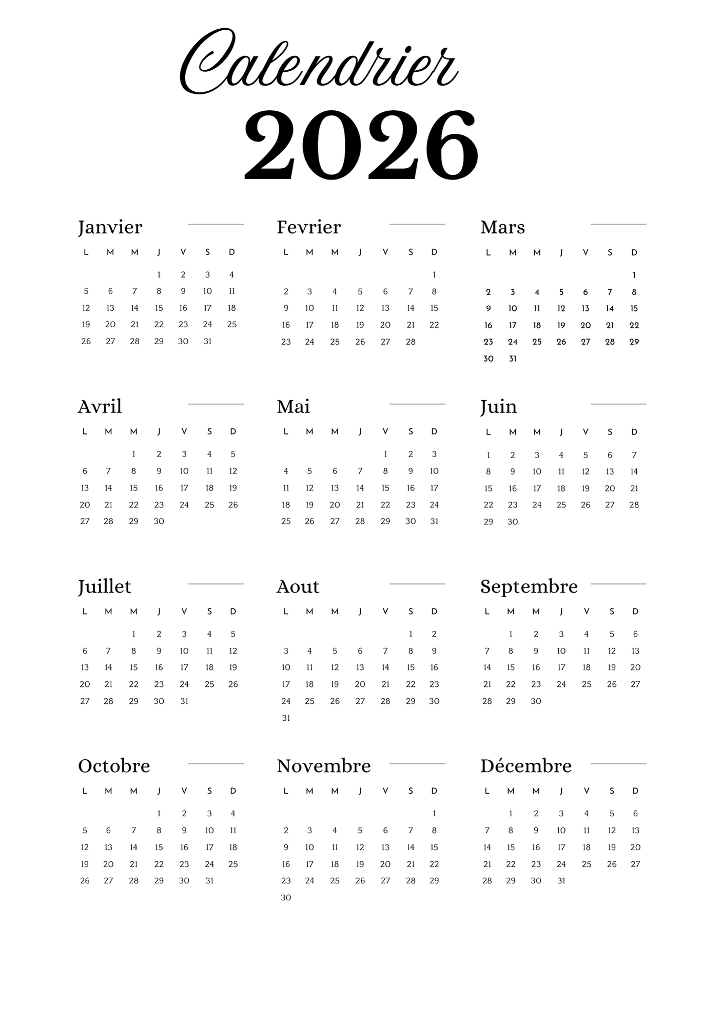 Calendrier - 2ème
