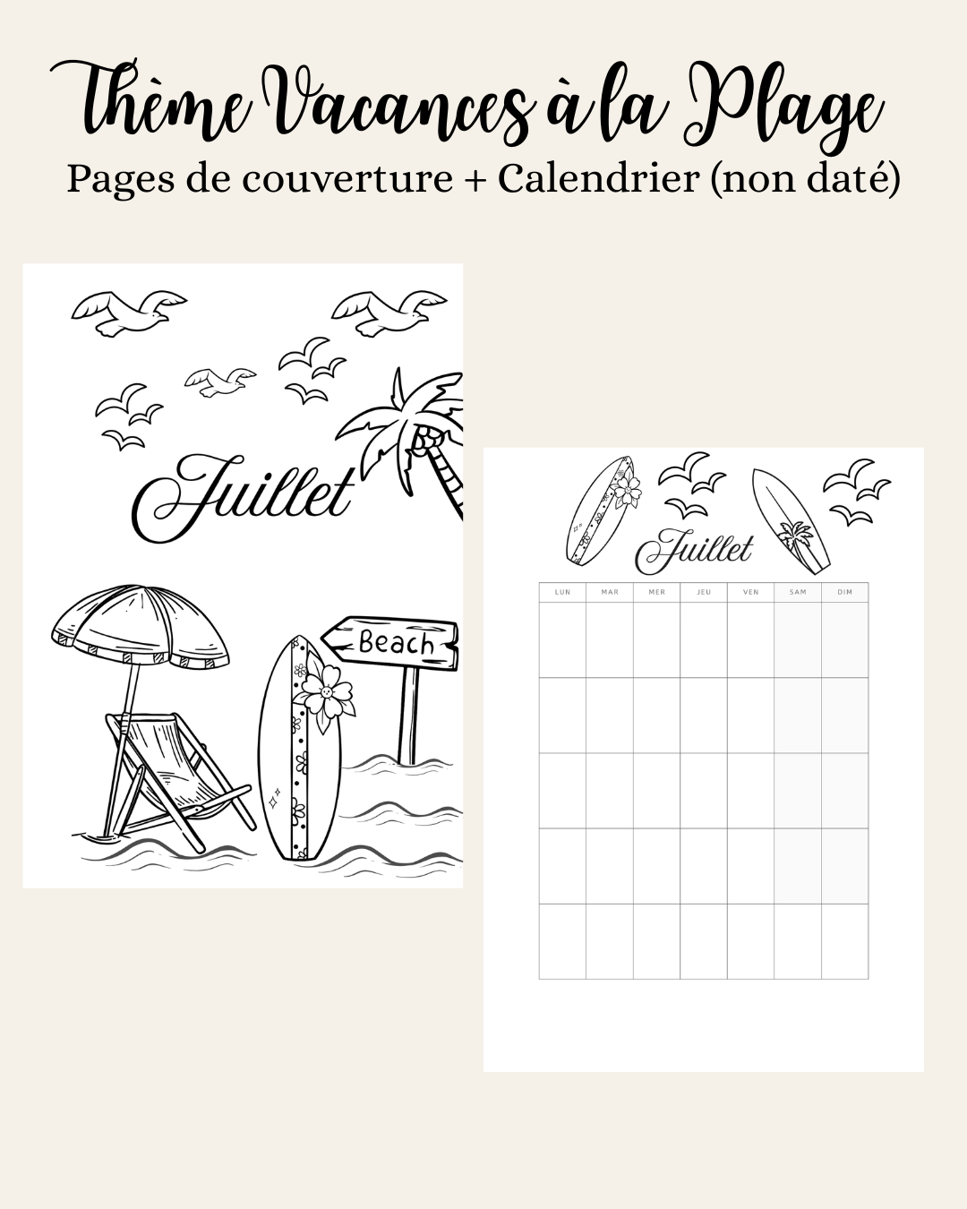 Thème Vacances à la plage - Couverture et calendrier (non daté)